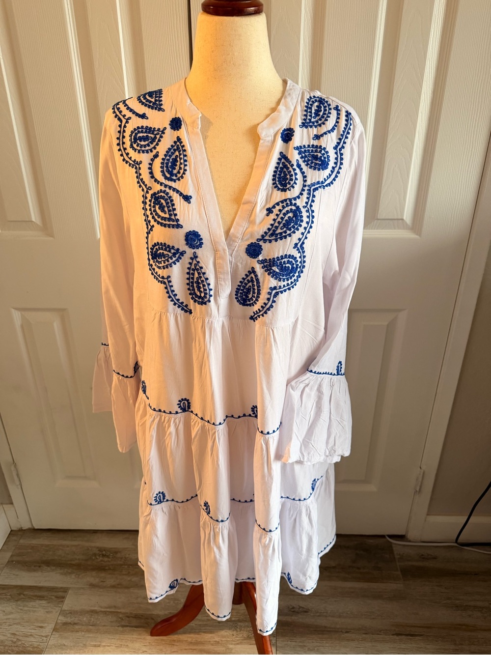 White Long-Sleeve Tiered Dress with Blue Embroidery